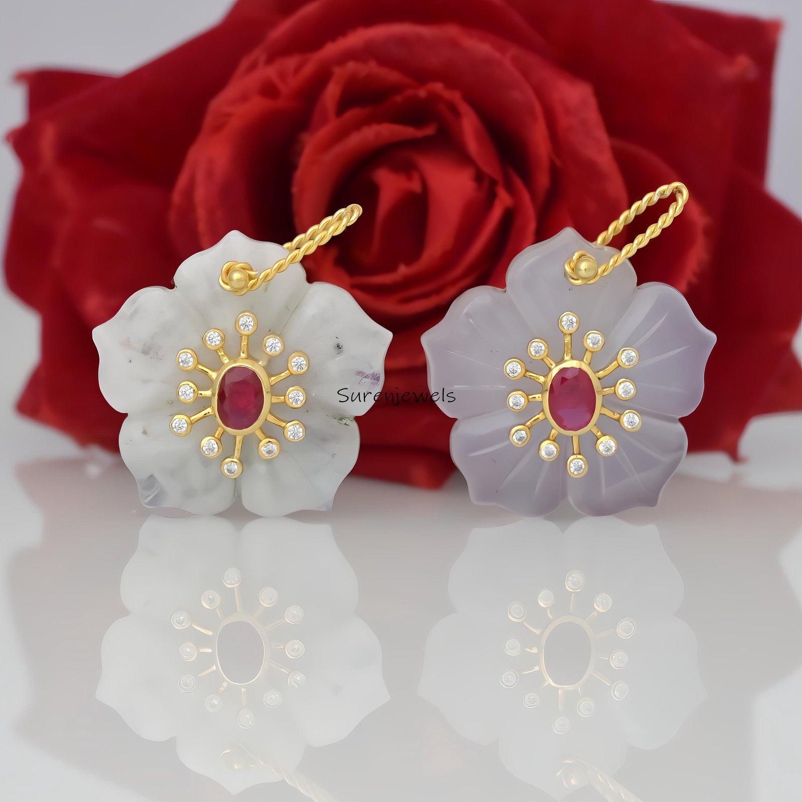 14K Gold Carved Opal Flower Charm: Ruby & CZ Pendant - Suren Jewels | SKU: MJP4826-SLYGBCHRUCZ-25M-SJP3170 14K Gold Carved Opal Flower Charm: Ruby & CZ Pendant - Suren Jewels | SKU: MJP4826-SLYGBCHRUCZ-25M-SJP3170