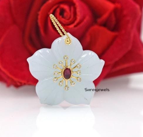 14K Gold Carved Opal Flower Charm: Ruby & CZ Pendant - View 2 - Suren Jewels | SKU: MJP4826-SLYGBCHRUCZ-25M-SJP3170 14K Gold Carved Opal Flower Charm: Ruby & CZ Pendant - View 2 - Suren Jewels | SKU: MJP4826-SLYGBCHRUCZ-25M-SJP3170