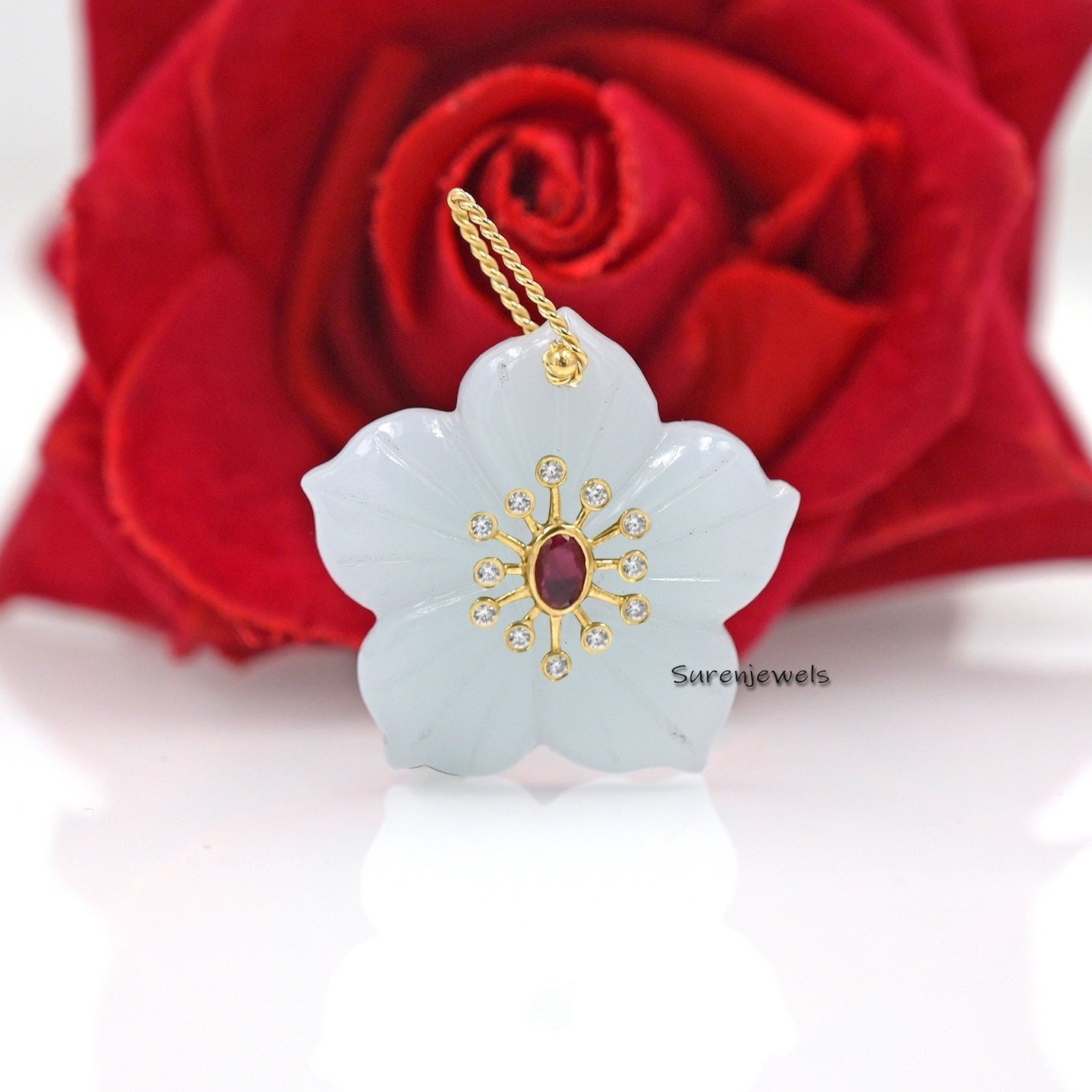 14K Gold Carved Opal Flower Charm: Ruby & CZ Pendant - View 3 - Suren Jewels | SKU: MJP4826-SLYGBCHRUCZ-25M-SJP3170 14K Gold Carved Opal Flower Charm: Ruby & CZ Pendant - View 3 - Suren Jewels | SKU: MJP4826-SLYGBCHRUCZ-25M-SJP3170