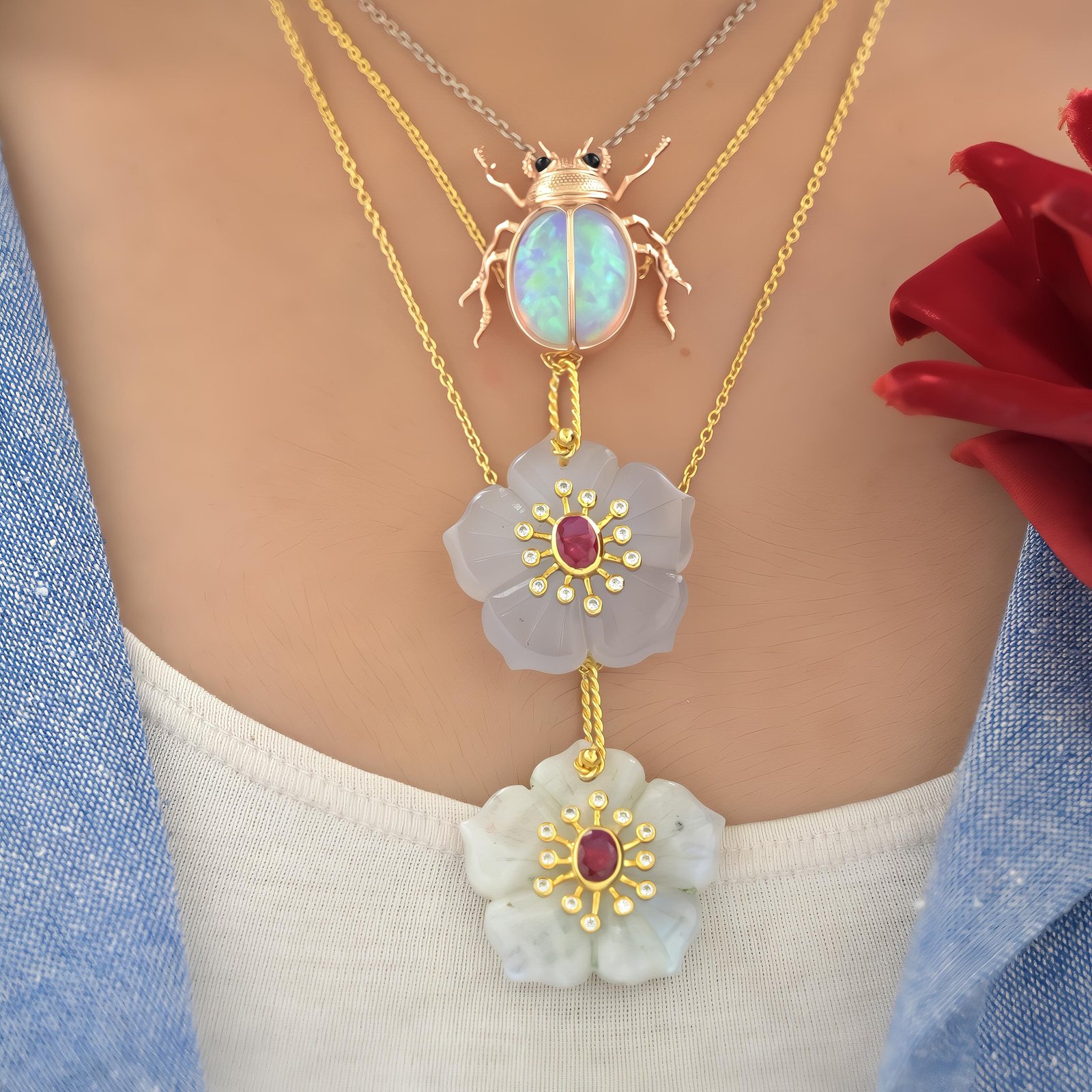 14K Gold Carved Opal Flower Charm: Ruby & CZ Pendant - View 4 - Suren Jewels | SKU: MJP4826-SLYGBCHRUCZ-25M-SJP3170 14K Gold Carved Opal Flower Charm: Ruby & CZ Pendant - View 4 - Suren Jewels | SKU: MJP4826-SLYGBCHRUCZ-25M-SJP3170