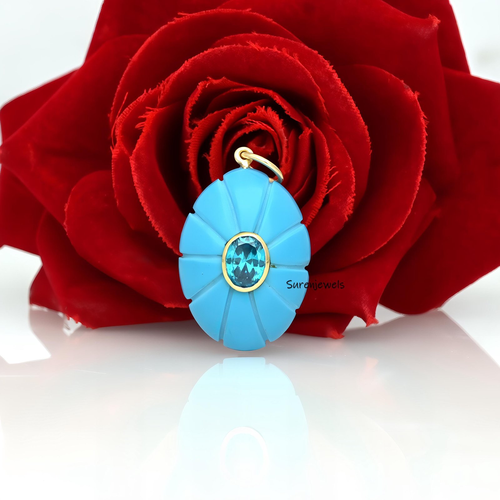 14K Gold Carved Turquoise Flower Pendant: Gemstone Blossom Charm - Suren Jewels | SKU: SJP3437-SLYGBORUCZ-35M
