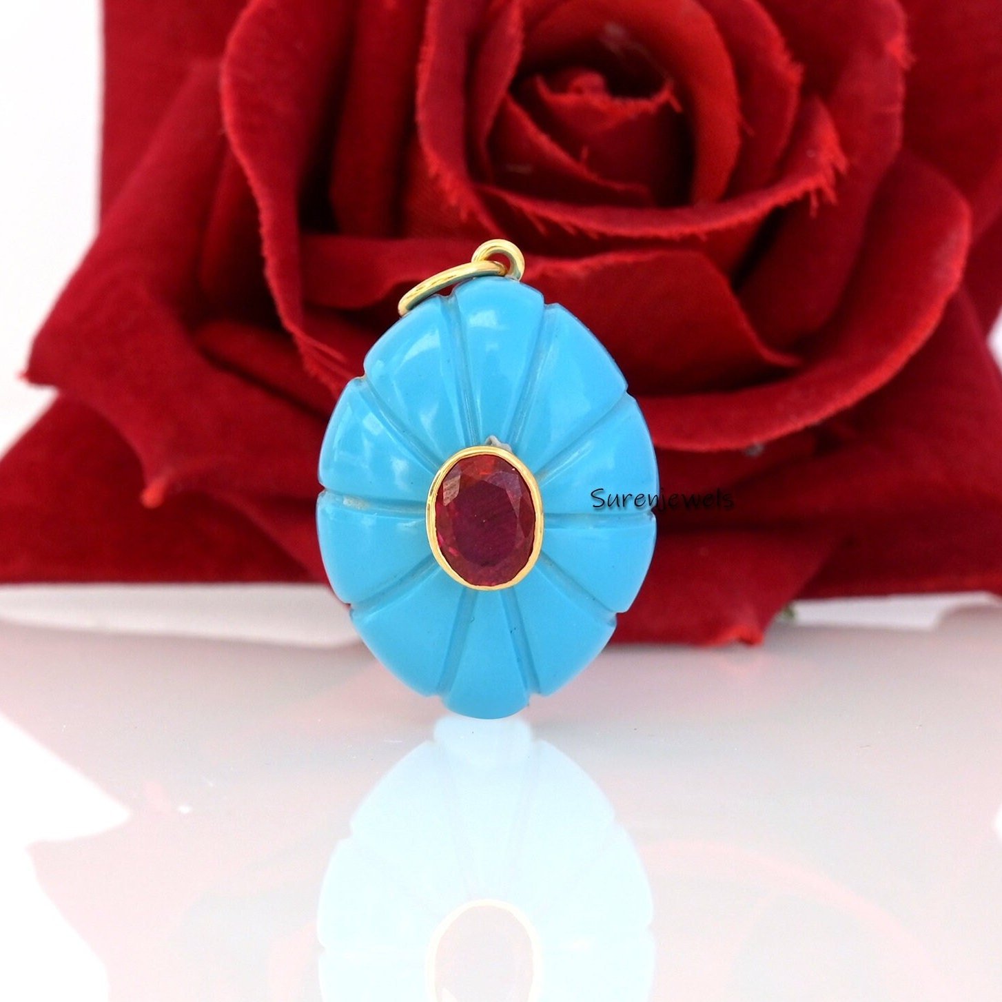 14K Gold Carved Turquoise Flower Pendant: Gemstone Blossom Charm - View 4 - Suren Jewels | SKU: SJP3437-SLYGBORUCZ-35M 14K Gold Carved Turquoise Flower Pendant: Gemstone Blossom Charm - View 4 - Suren Jewels | SKU: SJP3437-SLYGBORUCZ-35M