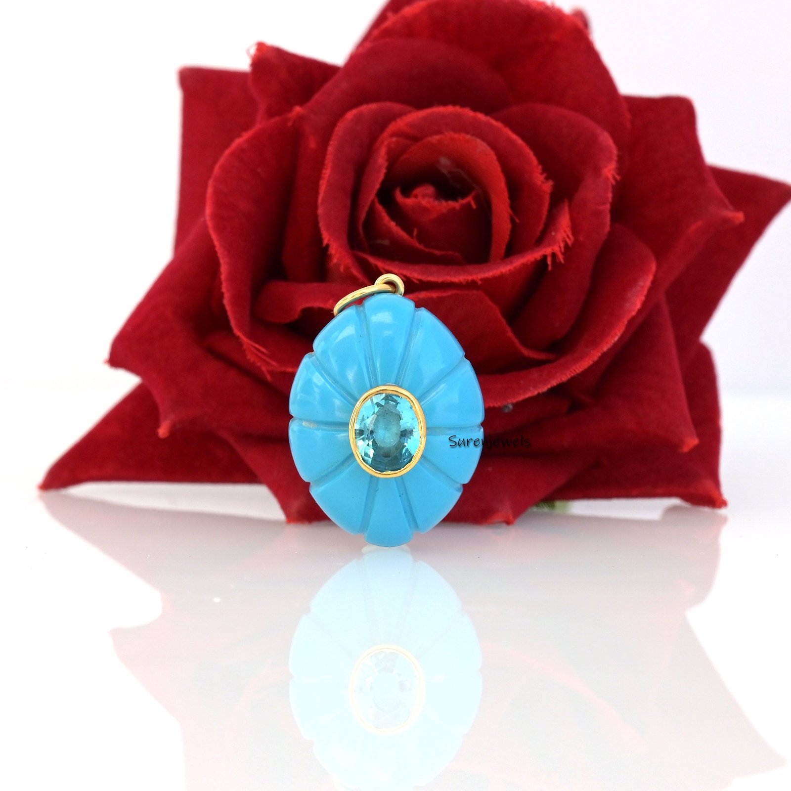 14K Gold Carved Turquoise Flower Pendant: Gemstone Blossom Charm - View 5 - Suren Jewels | SKU: SJP3437-SLYGBORUCZ-35M 14K Gold Carved Turquoise Flower Pendant: Gemstone Blossom Charm - View 5 - Suren Jewels | SKU: SJP3437-SLYGBORUCZ-35M