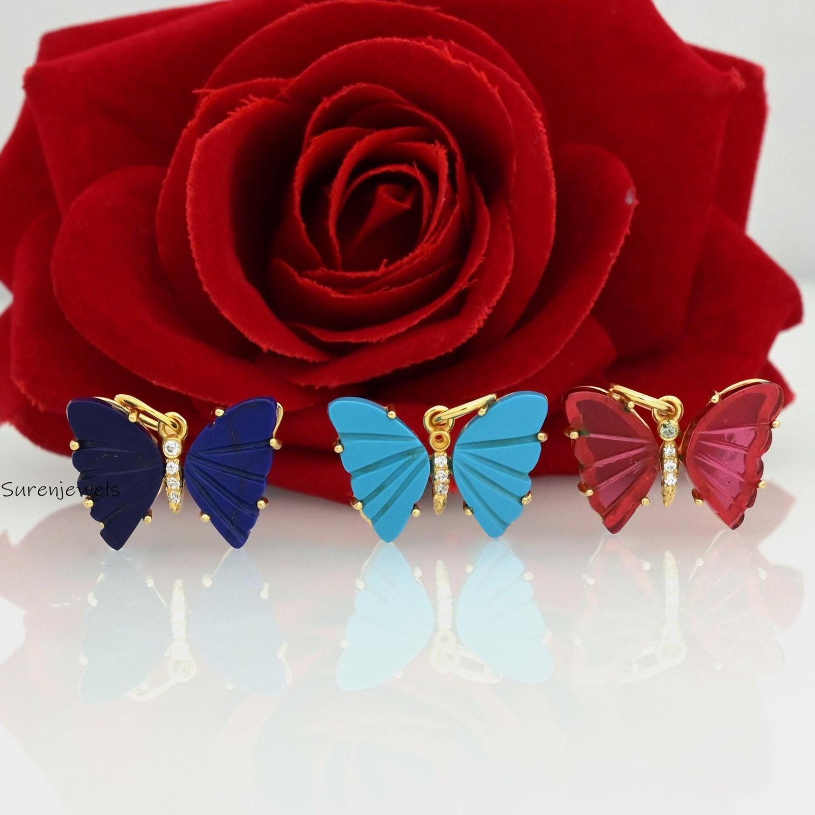 14k Gold Carving Gemstone Butterfly Pendant, Handmade Carved Butterfly - View 2 - Suren Jewels | SKU: SJP3357 14k Gold Carving Gemstone Butterfly Pendant, Handmade Carved Butterfly - View 2 - Suren Jewels | SKU: SJP3357