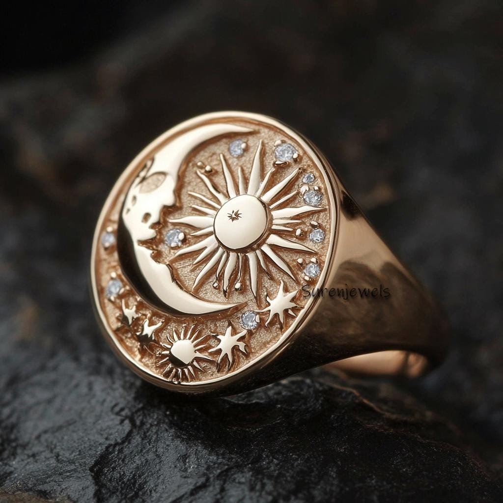 14K Gold Celestial Moon Star Signet Ring: Diamond Accent - Suren Jewels | SKU: SJR3151-,SJR 14K Gold Celestial Moon Star Signet Ring: Diamond Accent - Suren Jewels | SKU: SJR3151-,SJR