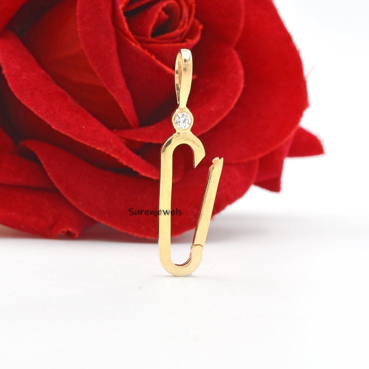 14k Gold Charm Enhancer: Paperclip Necklace Lock with Moissanite - Suren Jewels | SKU: SJP685-SLWGMN 14k Gold Charm Enhancer: Paperclip Necklace Lock with Moissanite - Suren Jewels | SKU: SJP685-SLWGMN