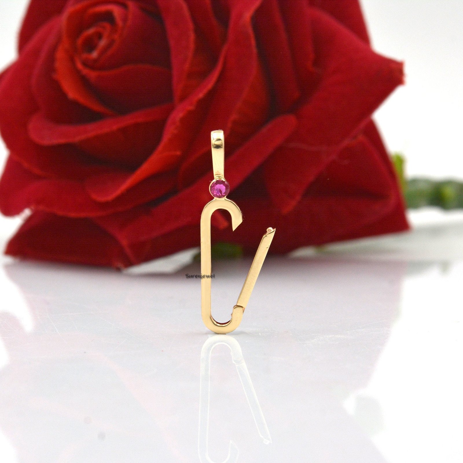 14k Gold Charm Enhancer: Paperclip Necklace Lock with Moissanite - View 2 - Suren Jewels | SKU: SJP685-SLWGMN 14k Gold Charm Enhancer: Paperclip Necklace Lock with Moissanite - View 2 - Suren Jewels | SKU: SJP685-SLWGMN