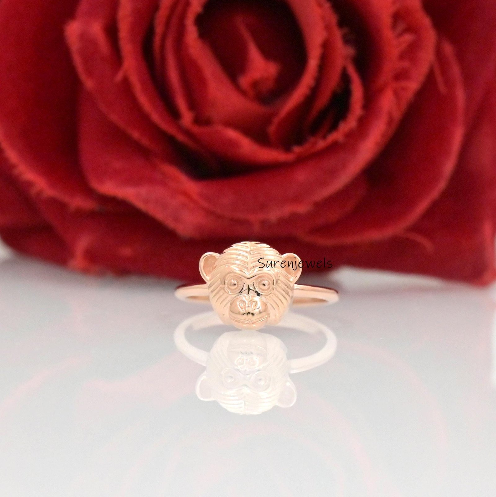14k Gold Chimpanzee Ring: Dainty Solid Gold Monkey Jewelry - View 2 - Suren Jewels | SKU: SJR2902-SLRG-US-6 14k Gold Chimpanzee Ring: Dainty Solid Gold Monkey Jewelry - View 2 - Suren Jewels | SKU: SJR2902-SLRG-US-6