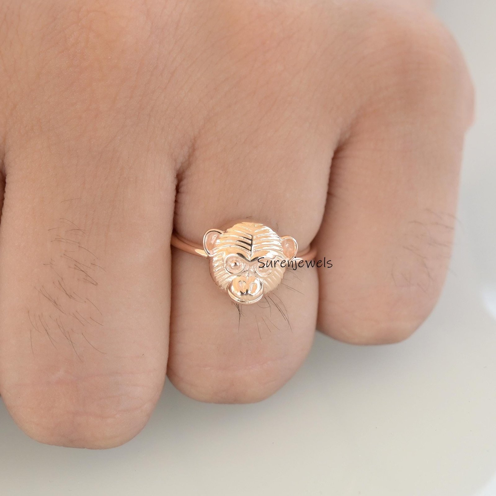14k Gold Chimpanzee Ring: Dainty Solid Gold Monkey Jewelry - View 3 - Suren Jewels | SKU: SJR2902-SLRG-US-6 14k Gold Chimpanzee Ring: Dainty Solid Gold Monkey Jewelry - View 3 - Suren Jewels | SKU: SJR2902-SLRG-US-6