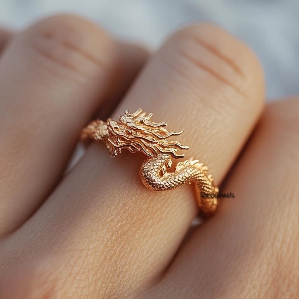 14k Gold Chinese Dragon Ring: Dainty Solid Gold Jewelry - Suren Jewels | SKU: SJR3111-SLYG-US-4 14k Gold Chinese Dragon Ring: Dainty Solid Gold Jewelry - Suren Jewels | SKU: SJR3111-SLYG-US-4