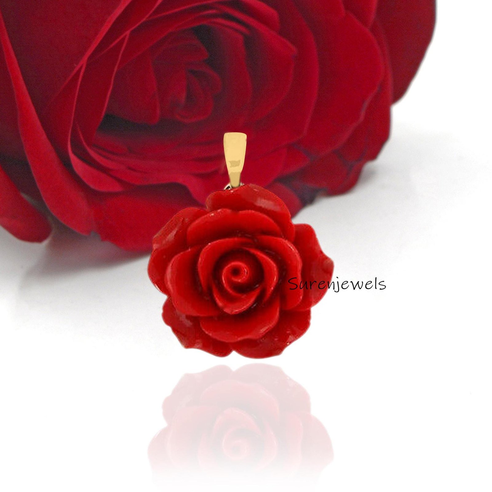 14K Gold Coral Rose Pendant: Handmade Gemstone Flower Charm - Suren Jewels | SKU: SJP5259-SLYGRCR-30M 14K Gold Coral Rose Pendant: Handmade Gemstone Flower Charm - Suren Jewels | SKU: SJP5259-SLYGRCR-30M