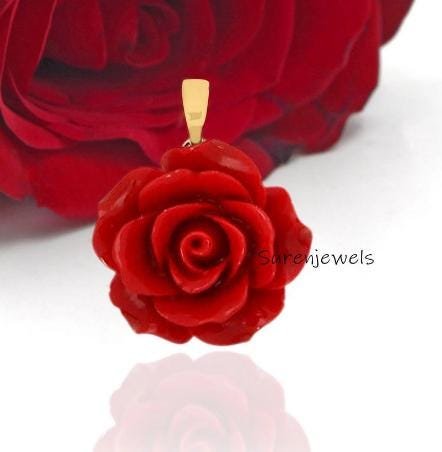 14K Gold Coral Rose Pendant: Handmade Gemstone Flower Charm - View 2 - Suren Jewels | SKU: SJP5259-SLYGRCR-30M 14K Gold Coral Rose Pendant: Handmade Gemstone Flower Charm - View 2 - Suren Jewels | SKU: SJP5259-SLYGRCR-30M
