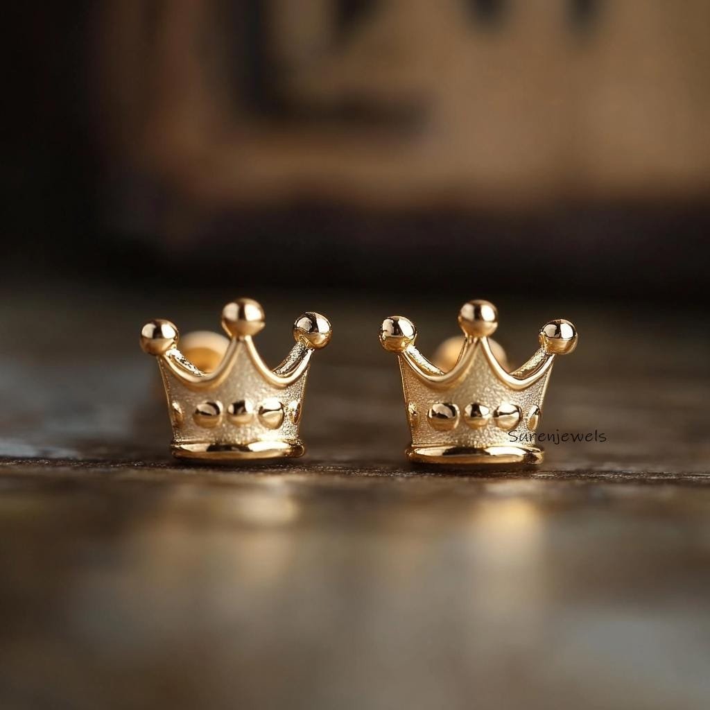 14k Gold Crown Stud Earrings: Princess Tiara Jewelry - Suren Jewels | SKU: SJE1686-SLYG-10M 14k Gold Crown Stud Earrings: Princess Tiara Jewelry - Suren Jewels | SKU: SJE1686-SLYG-10M