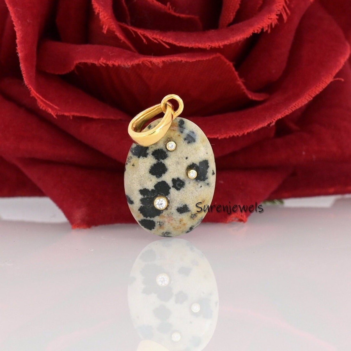 14K Gold Dalmatian Jasper Teardrop Pendant with CZ Accents - Suren Jewels | SKU: SJP3043-SLYGDJPCZ-15M 14K Gold Dalmatian Jasper Teardrop Pendant with CZ Accents - Suren Jewels | SKU: SJP3043-SLYGDJPCZ-15M