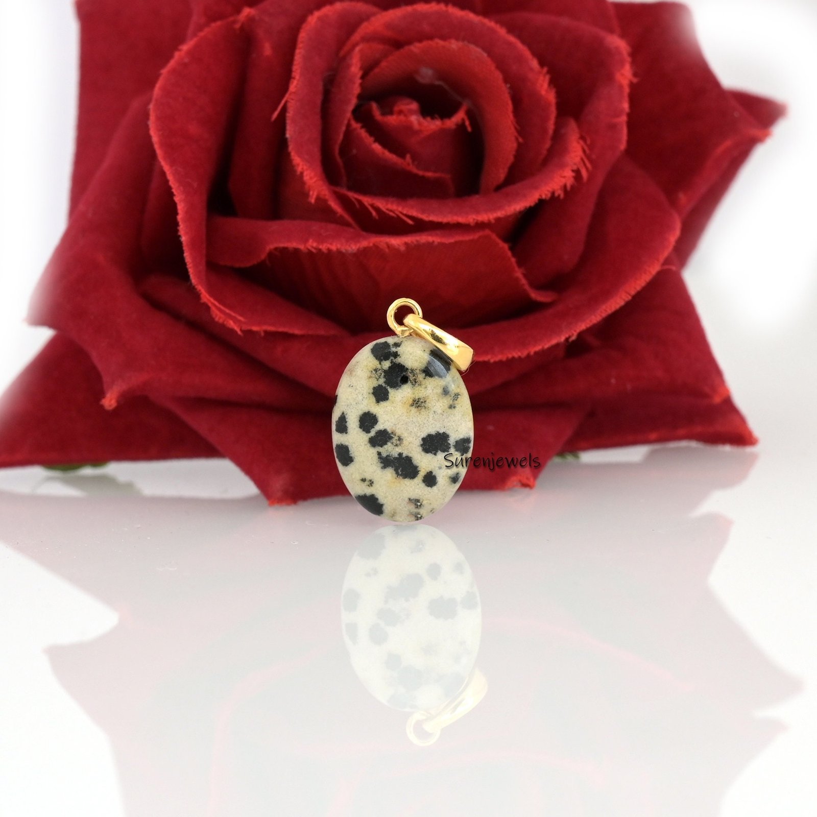 14K Gold Dalmatian Jasper Teardrop Pendant with CZ Accents - View 2 - Suren Jewels | SKU: SJP3043-SLYGDJPCZ-15M 14K Gold Dalmatian Jasper Teardrop Pendant with CZ Accents - View 2 - Suren Jewels | SKU: SJP3043-SLYGDJPCZ-15M