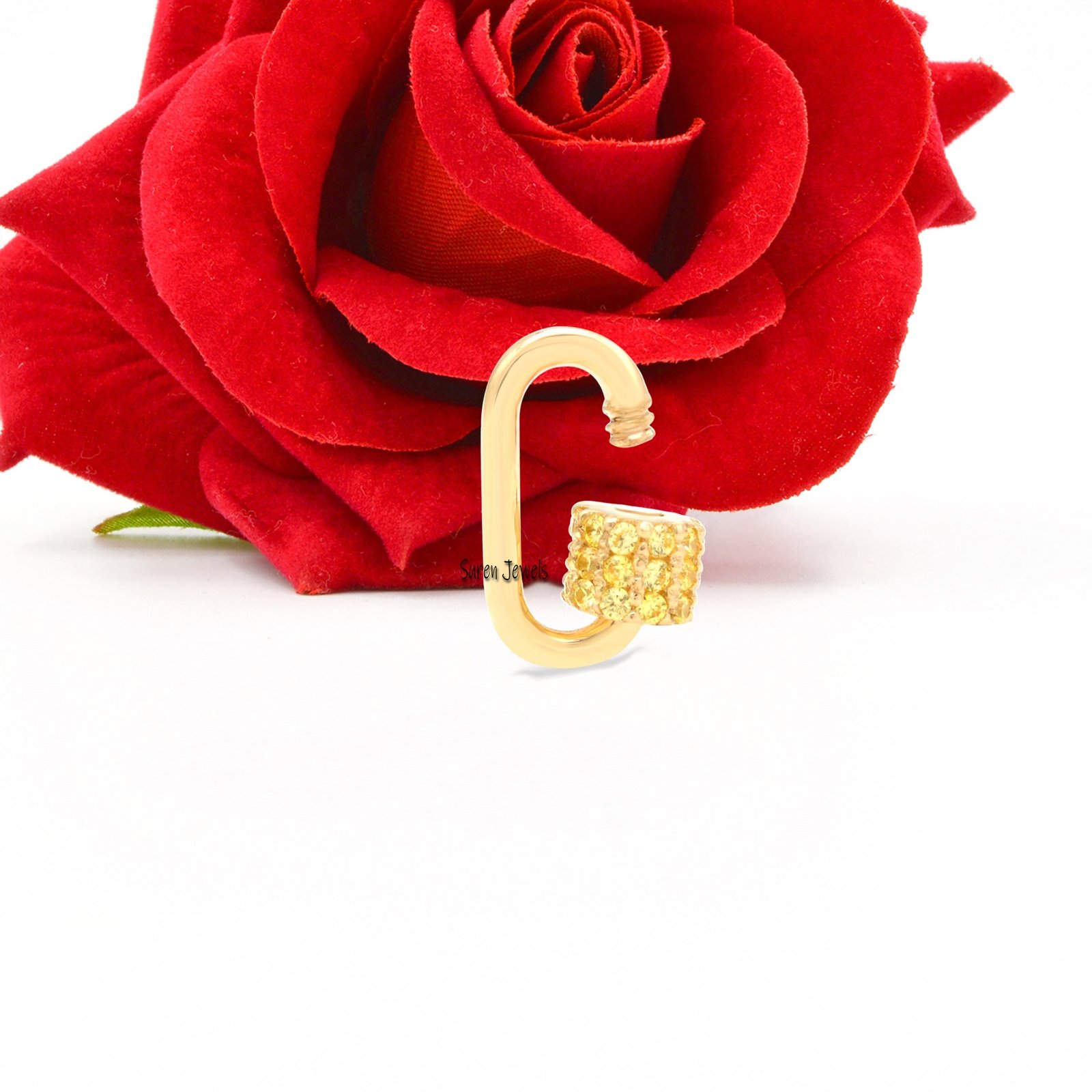 14k Gold Diamond Carabiner Lock Pendant: Pave Oval Charm - View 7 - Suren Jewels | SKU: SJC05-14KYGDI-30M 14k Gold Diamond Carabiner Lock Pendant: Pave Oval Charm - View 7 - Suren Jewels | SKU: SJC05-14KYGDI-30M