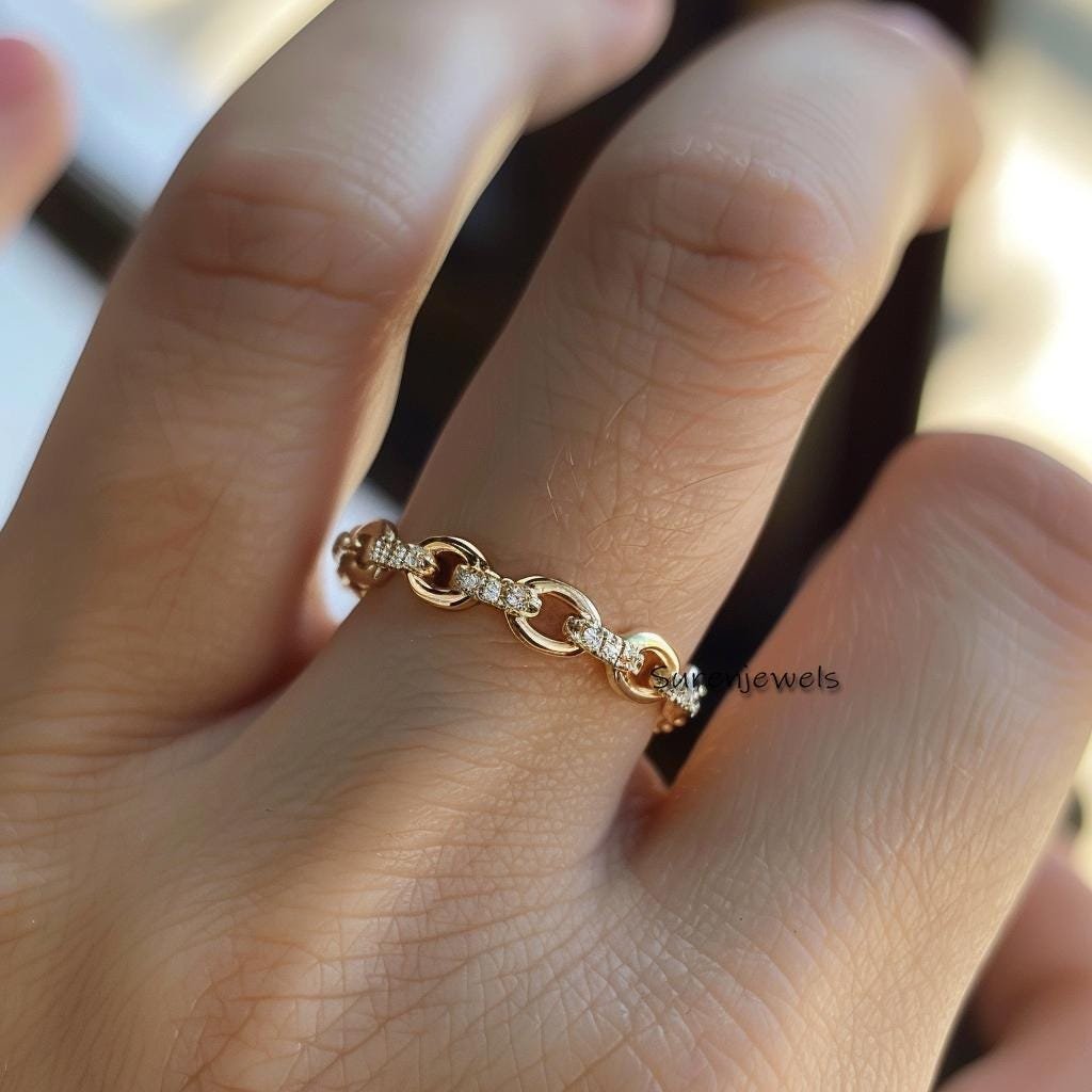 14K Gold Diamond Chain Link Ring, Solid Gold - View 5 - Suren Jewels | SKU: SJR2657 14K Gold Diamond Chain Link Ring, Solid Gold - View 5 - Suren Jewels | SKU: SJR2657