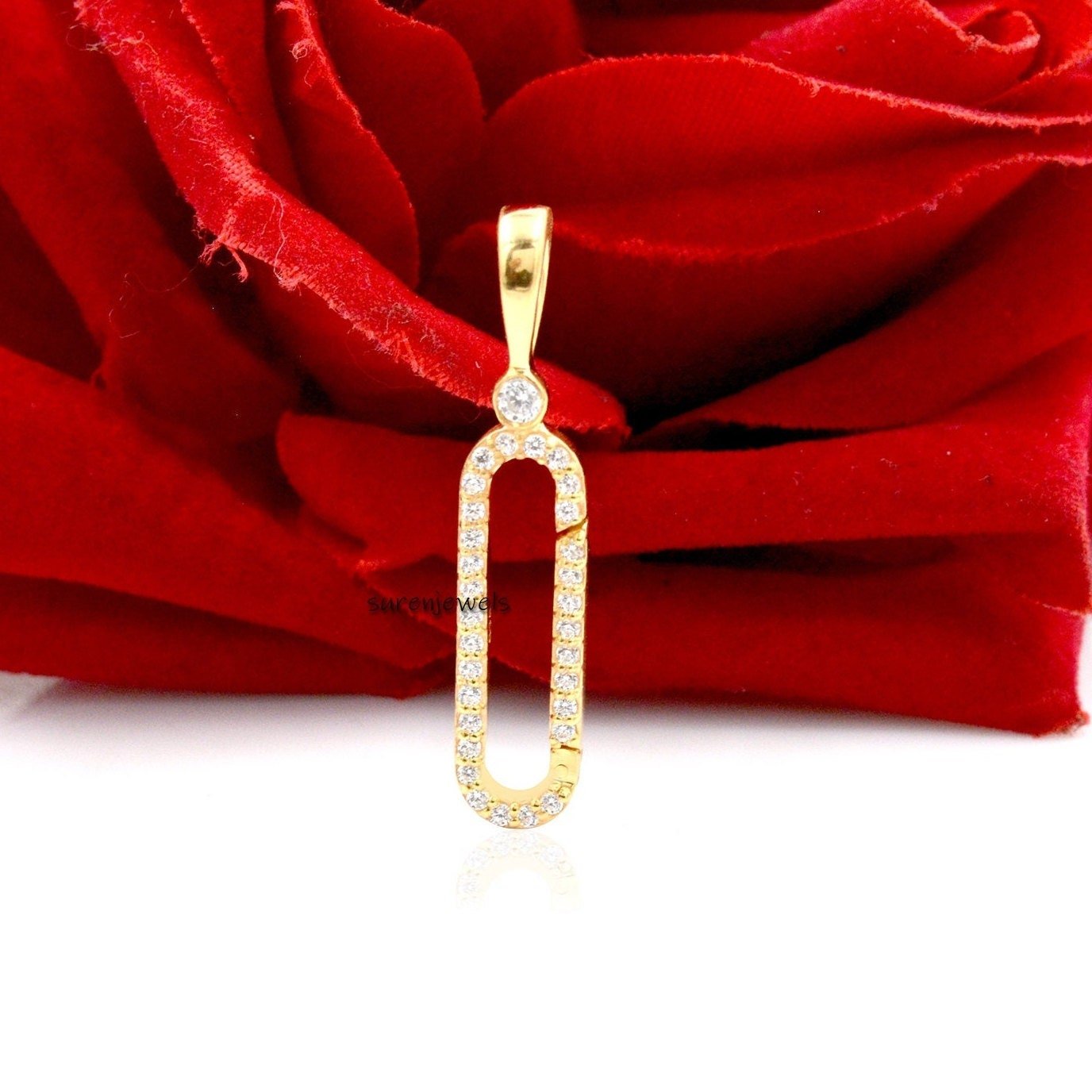 14k Gold Diamond Charm Enhancer: Paperclip Necklace Holder - Suren Jewels | SKU: SJP1447-SLYGCZ-22M 14k Gold Diamond Charm Enhancer: Paperclip Necklace Holder - Suren Jewels | SKU: SJP1447-SLYGCZ-22M