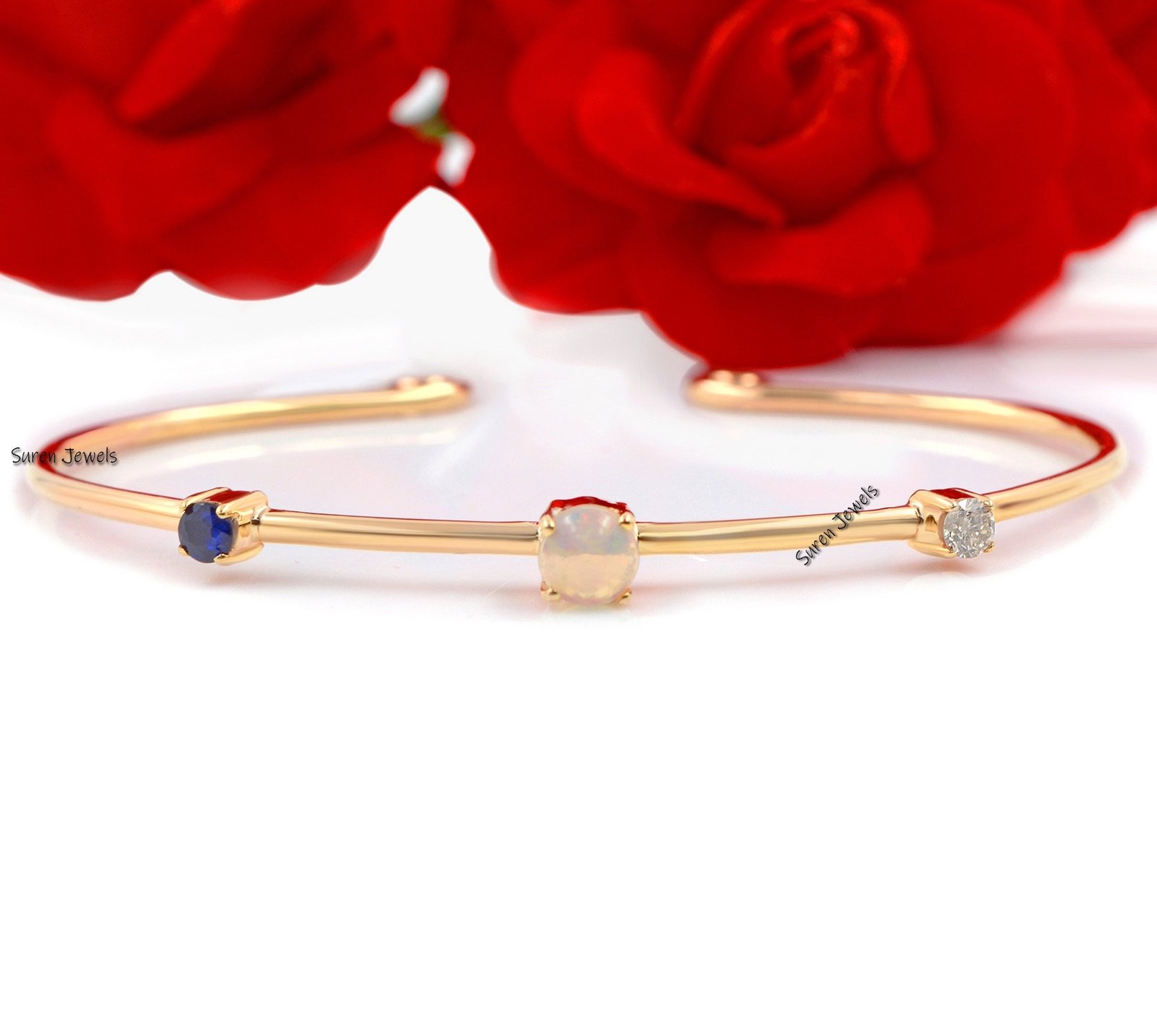 14k Gold Diamond Cuff Bangle: Moissanite, Opal & Sapphire - Suren Jewels | SKU: SJB33-14KYGDIBSPOP 14k Gold Diamond Cuff Bangle: Moissanite, Opal & Sapphire - Suren Jewels | SKU: SJB33-14KYGDIBSPOP