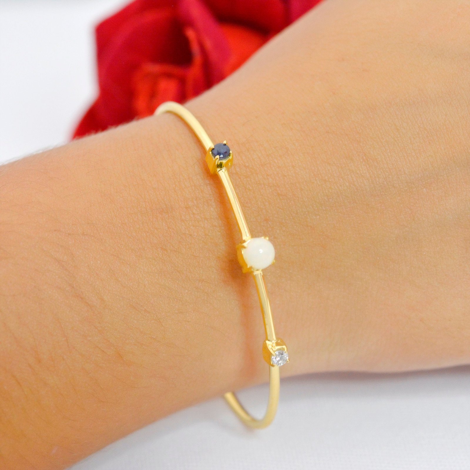 14k Gold Diamond Cuff Bangle: Moissanite, Opal & Sapphire - View 2 - Suren Jewels | SKU: SJB33-14KYGDIBSPOP 14k Gold Diamond Cuff Bangle: Moissanite, Opal & Sapphire - View 2 - Suren Jewels | SKU: SJB33-14KYGDIBSPOP
