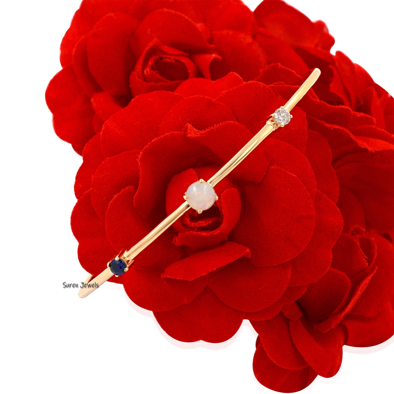 14k Gold Diamond Cuff Bangle: Moissanite, Opal & Sapphire - View 3 - Suren Jewels | SKU: SJB33-14KYGDIBSPOP 14k Gold Diamond Cuff Bangle: Moissanite, Opal & Sapphire - View 3 - Suren Jewels | SKU: SJB33-14KYGDIBSPOP