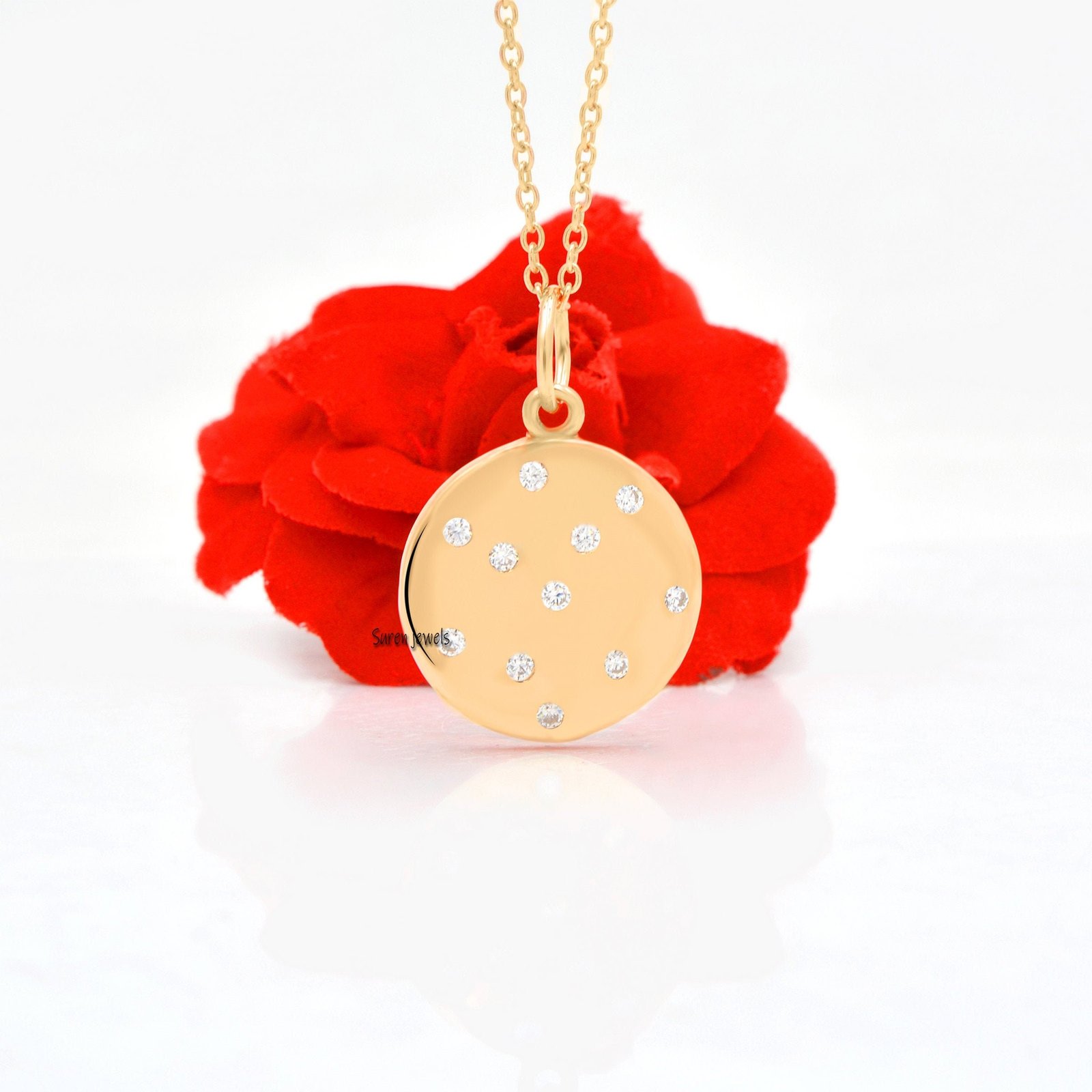14K Gold Diamond Disc Pendant: Gemstone Round Charm - View 3 - Suren Jewels | SKU: SJP626-SLYGCZ-N41-18I-925 14K Gold Diamond Disc Pendant: Gemstone Round Charm - View 3 - Suren Jewels | SKU: SJP626-SLYGCZ-N41-18I-925