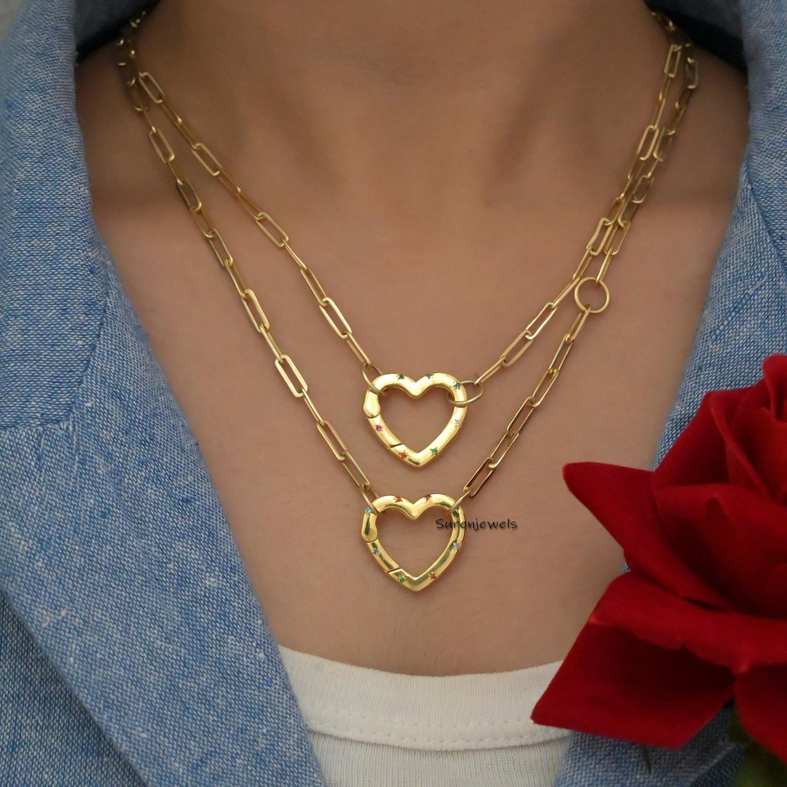 14k Gold Diamond Heart Charm Enhancer: Gemstone Link Lock - Suren Jewels | SKU: SJP808-SP 14k Gold Diamond Heart Charm Enhancer: Gemstone Link Lock - Suren Jewels | SKU: SJP808-SP