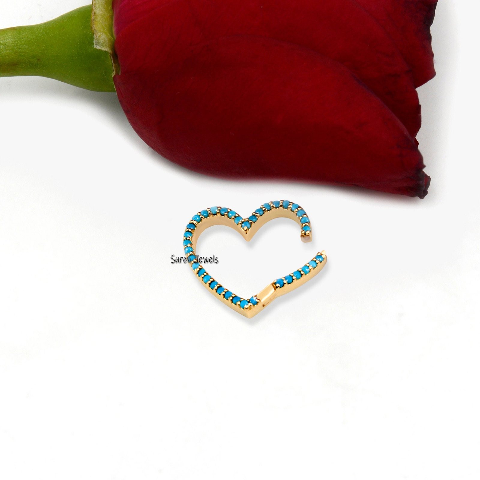 14k Gold Diamond Heart Charm Enhancer: Turquoise Gemstone Link - View 4 - Suren Jewels | SKU: SJP536-14KYGTQ 14k Gold Diamond Heart Charm Enhancer: Turquoise Gemstone Link - View 4 - Suren Jewels | SKU: SJP536-14KYGTQ