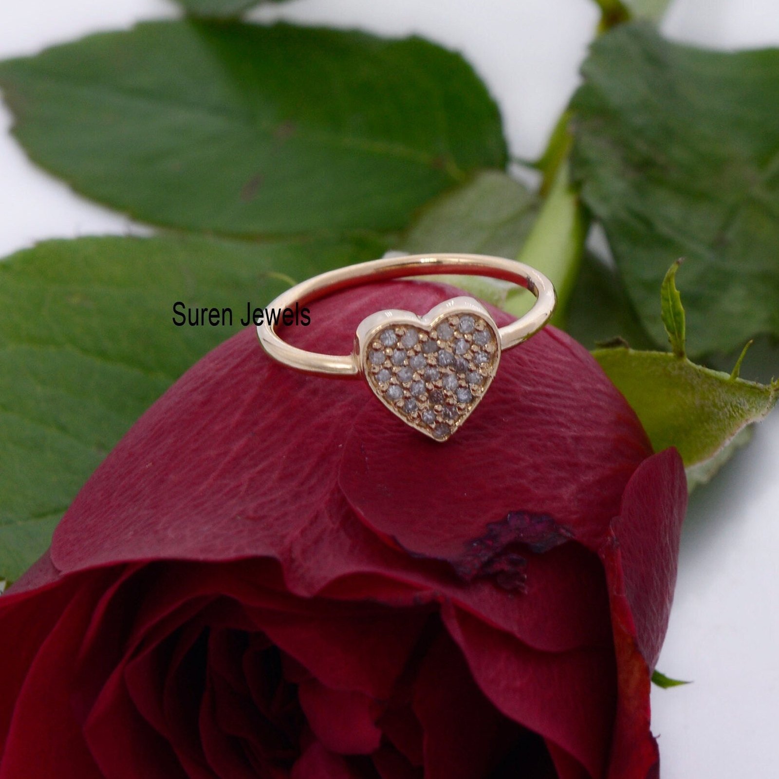 14k Gold Diamond Heart Signet Ring: Dainty Gemstone Ring - Suren Jewels | SKU: SJR690-14KYGDI 14k Gold Diamond Heart Signet Ring: Dainty Gemstone Ring - Suren Jewels | SKU: SJR690-14KYGDI
