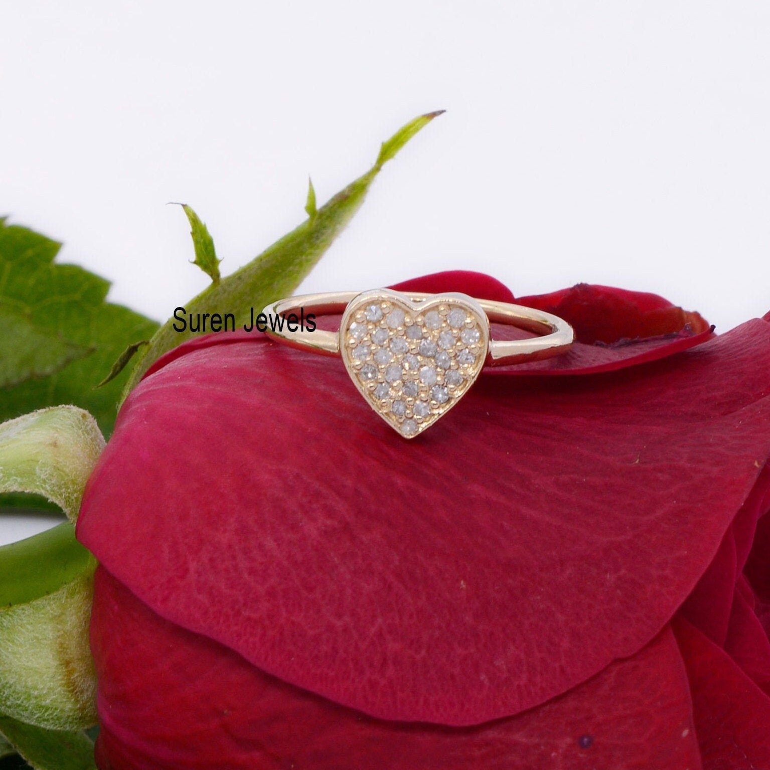 14k Gold Diamond Heart Signet Ring: Dainty Gemstone Ring - View 2 - Suren Jewels | SKU: SJR690-14KYGDI 14k Gold Diamond Heart Signet Ring: Dainty Gemstone Ring - View 2 - Suren Jewels | SKU: SJR690-14KYGDI