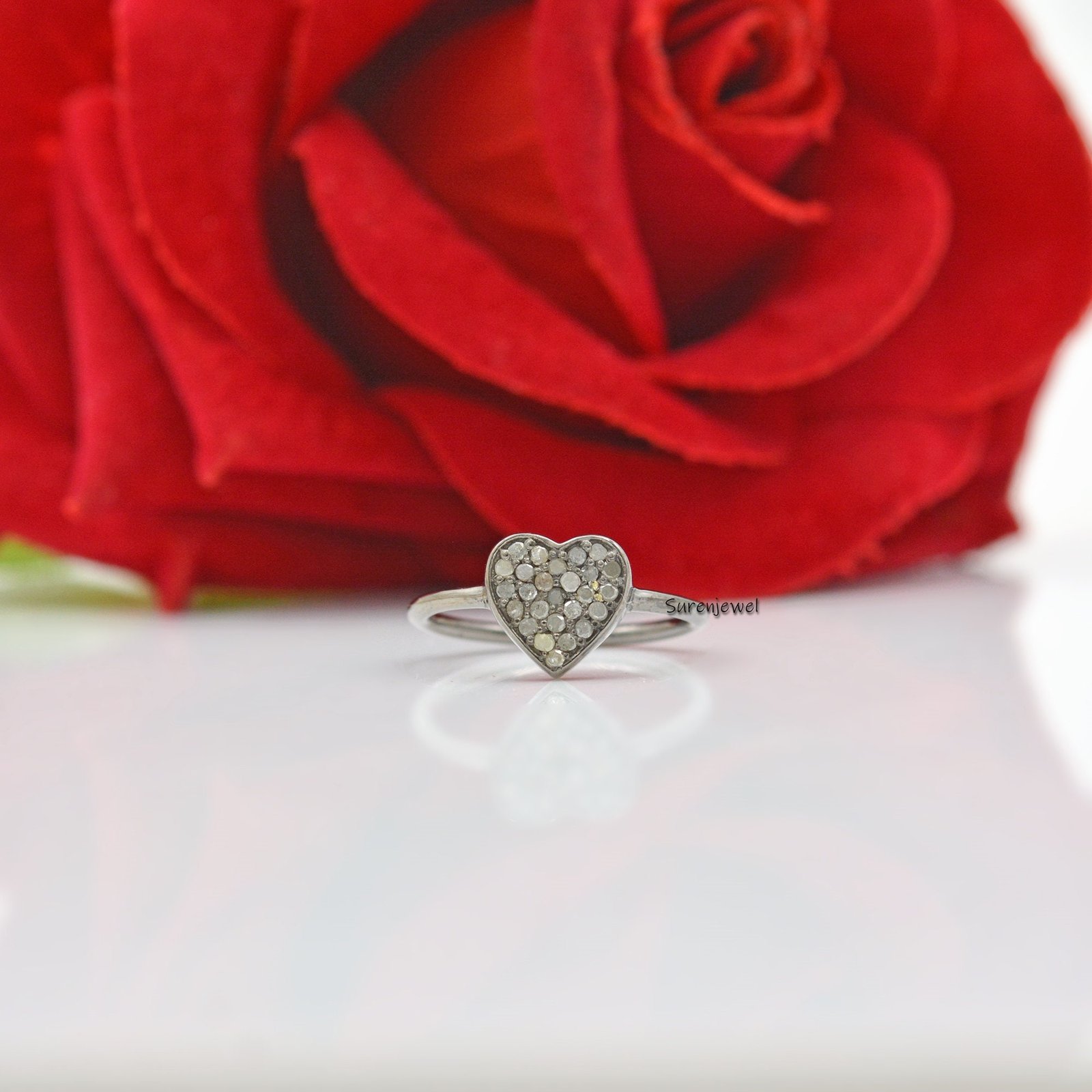 14k Gold Diamond Heart Signet Ring: Dainty Gemstone Ring - View 3 - Suren Jewels | SKU: SJR690-14KYGDI 14k Gold Diamond Heart Signet Ring: Dainty Gemstone Ring - View 3 - Suren Jewels | SKU: SJR690-14KYGDI