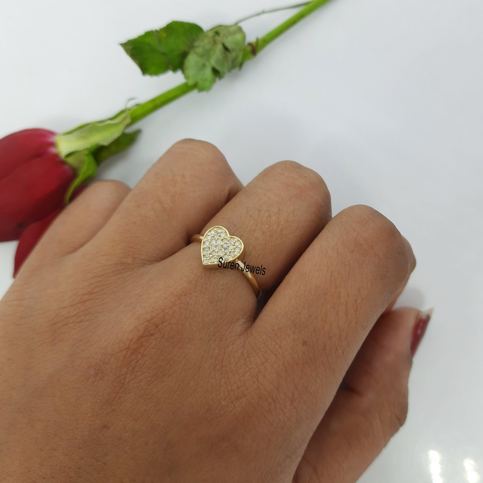14k Gold Diamond Heart Signet Ring: Dainty Gemstone Ring - View 7 - Suren Jewels | SKU: SJR690-14KYGDI 14k Gold Diamond Heart Signet Ring: Dainty Gemstone Ring - View 7 - Suren Jewels | SKU: SJR690-14KYGDI