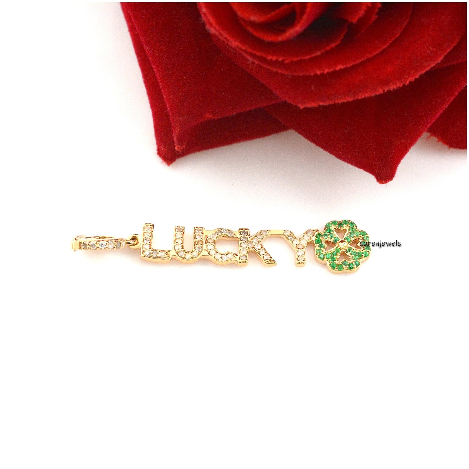 14K Gold Diamond Lucky Pendant: Initial Letter Charm - View 2 - Suren Jewels | SKU: SJP1348-14KYGDIMT 14K Gold Diamond Lucky Pendant: Initial Letter Charm - View 2 - Suren Jewels | SKU: SJP1348-14KYGDIMT