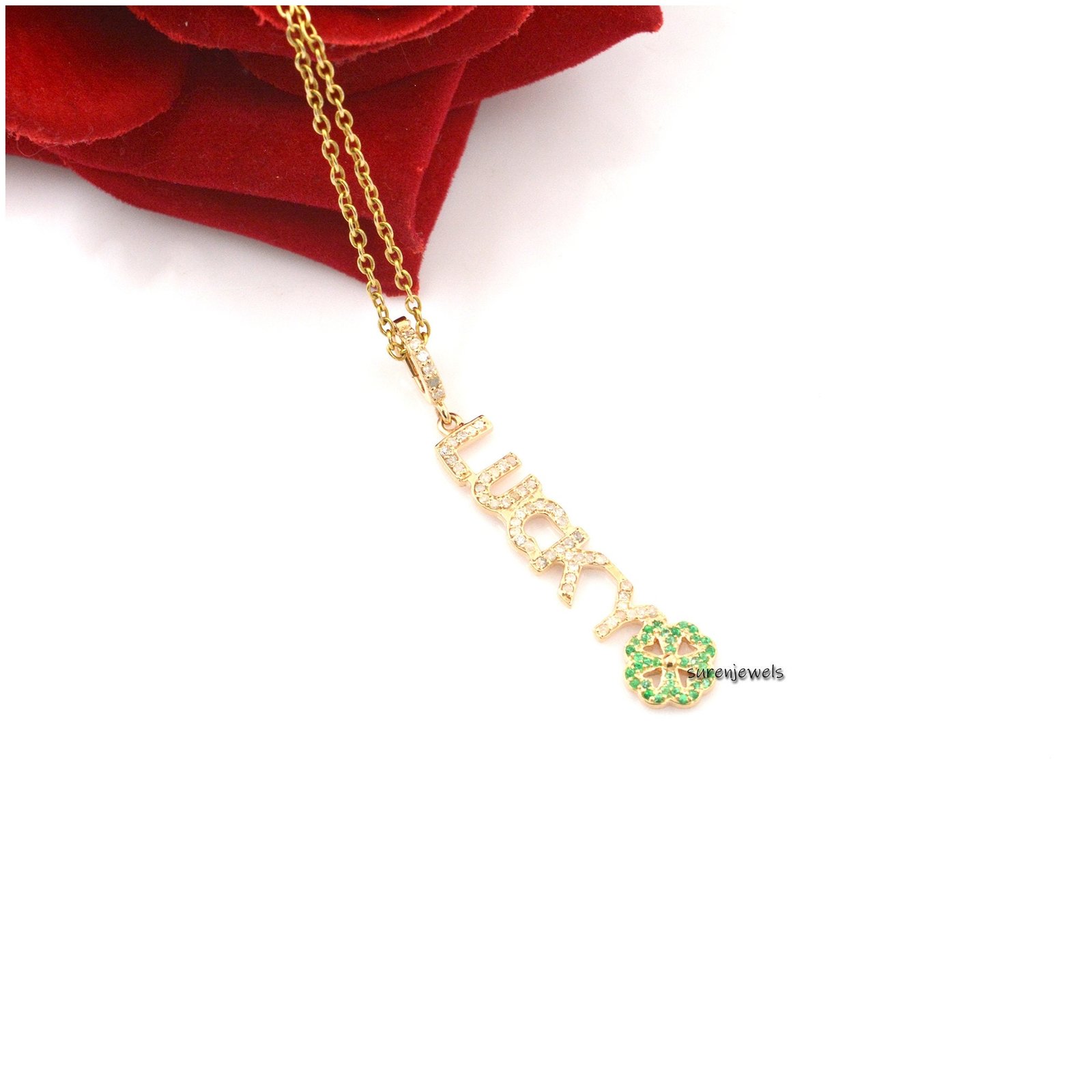 14K Gold Diamond Lucky Pendant: Initial Letter Charm - View 4 - Suren Jewels | SKU: SJP1348-14KYGDIMT 14K Gold Diamond Lucky Pendant: Initial Letter Charm - View 4 - Suren Jewels | SKU: SJP1348-14KYGDIMT
