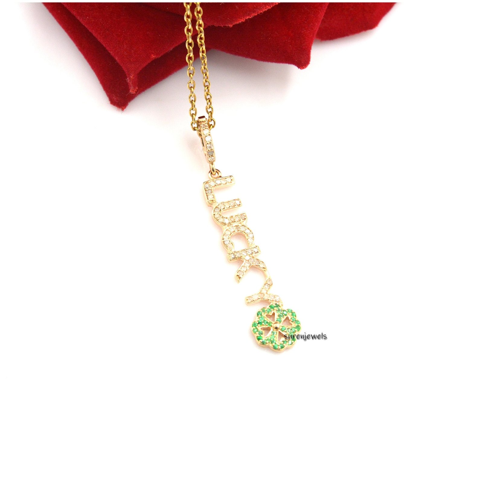 14K Gold Diamond Lucky Pendant: Initial Letter Charm - View 5 - Suren Jewels | SKU: SJP1348-14KYGDIMT 14K Gold Diamond Lucky Pendant: Initial Letter Charm - View 5 - Suren Jewels | SKU: SJP1348-14KYGDIMT