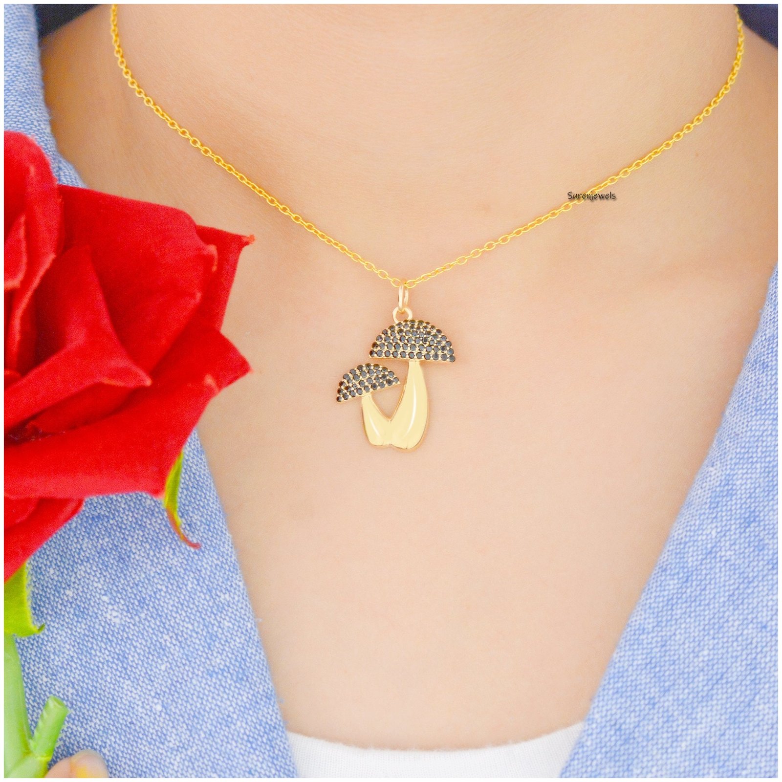 14K Gold Diamond Mushroom Pendant: Pave Magic Jewelry - View 4 - Suren Jewels | SKU: SJP1264-SLYGDI 14K Gold Diamond Mushroom Pendant: Pave Magic Jewelry - View 4 - Suren Jewels | SKU: SJP1264-SLYGDI