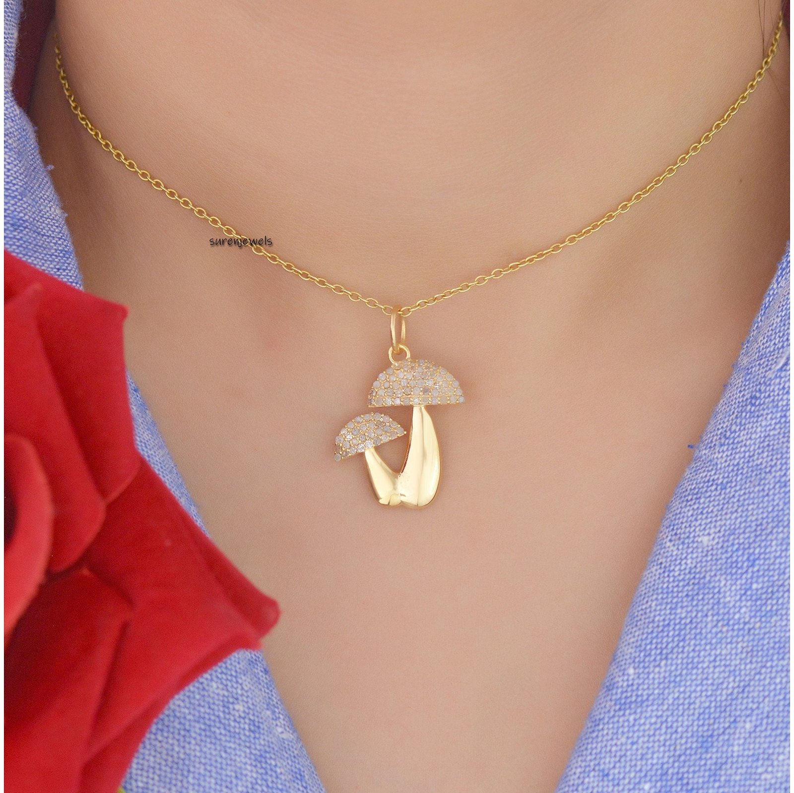 14K Gold Diamond Mushroom Pendant: Pave Magic Jewelry - View 5 - Suren Jewels | SKU: SJP1264-SLYGDI 14K Gold Diamond Mushroom Pendant: Pave Magic Jewelry - View 5 - Suren Jewels | SKU: SJP1264-SLYGDI