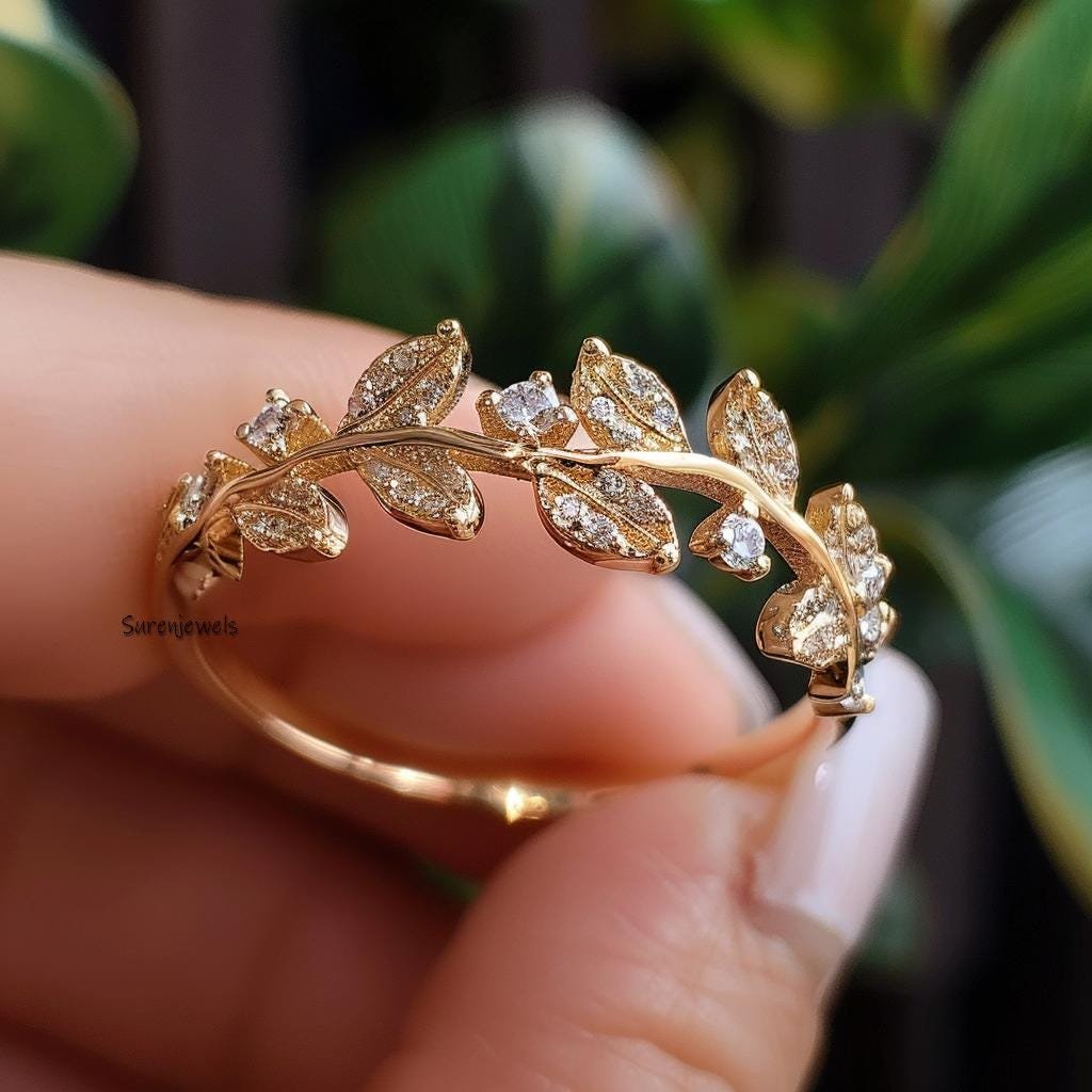 14k Gold Diamond Olive Leaf Ring: Pave Branch Design - Suren Jewels | SKU: SJR2759 14k Gold Diamond Olive Leaf Ring: Pave Branch Design - Suren Jewels | SKU: SJR2759