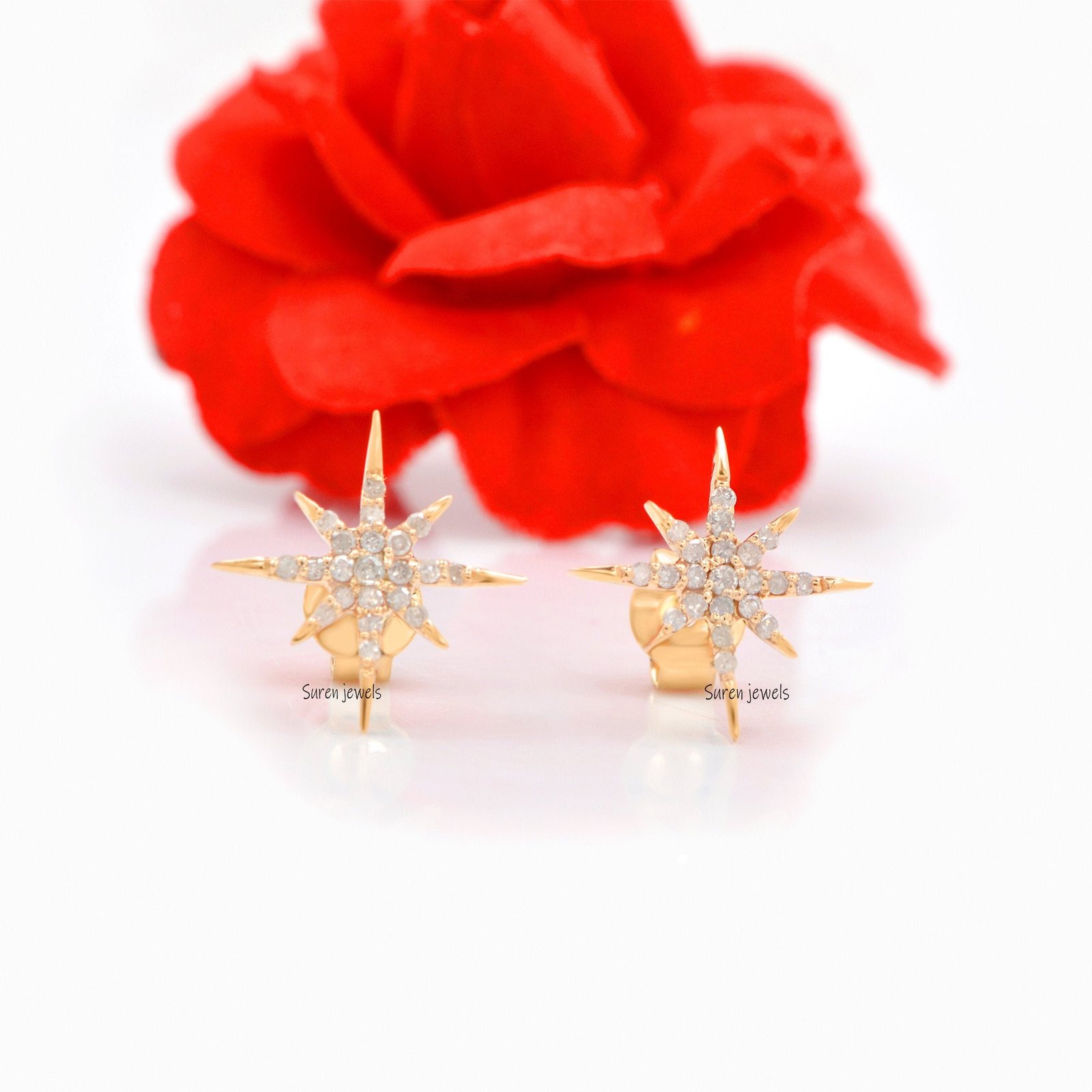 14k Gold Diamond Starburst Studs: Pave Star Earrings - Suren Jewels | SKU: SJE325-14KYGDI 14k Gold Diamond Starburst Studs: Pave Star Earrings - Suren Jewels | SKU: SJE325-14KYGDI