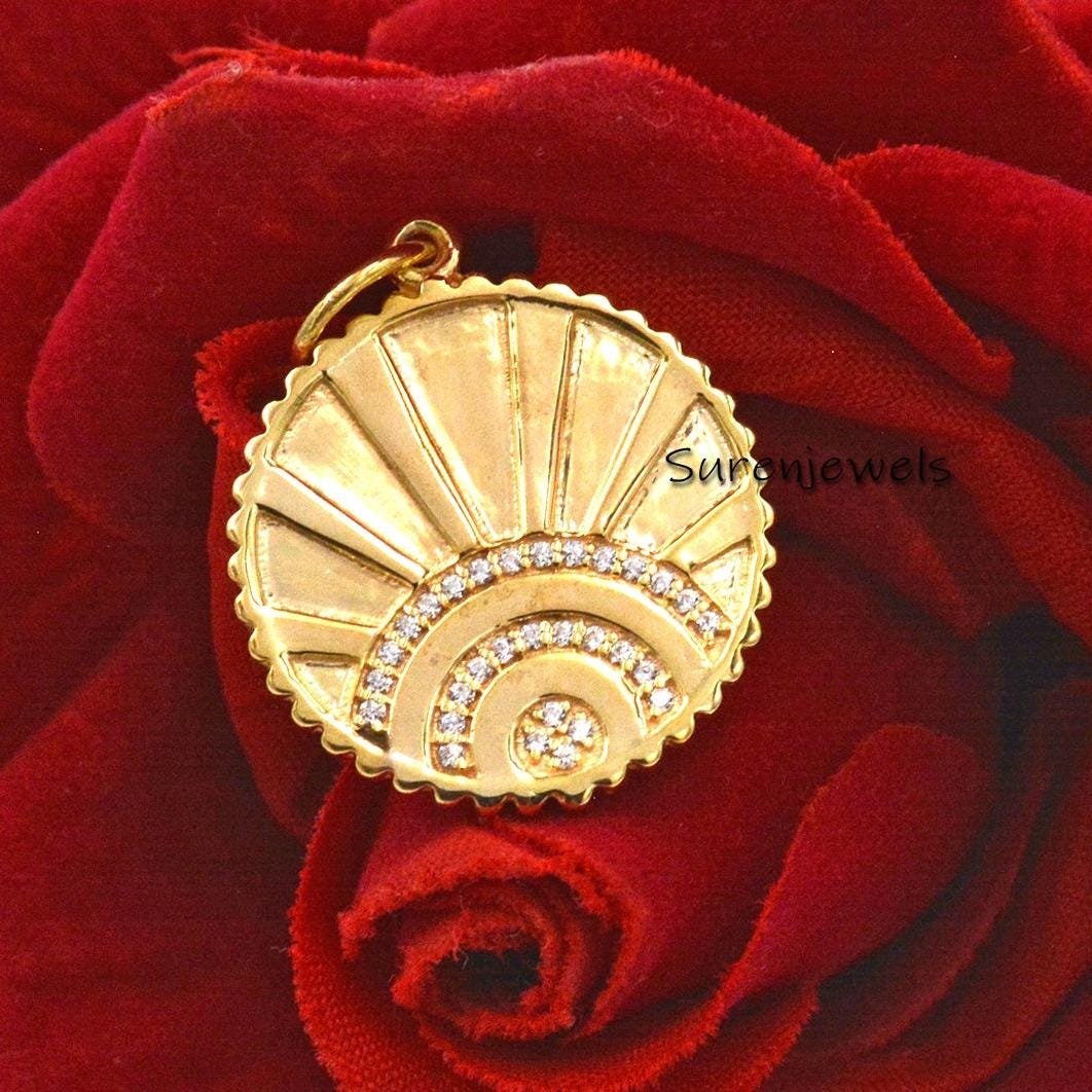 14K Gold Diamond Sunrise Pendant: Fluted Medallion Charm - Suren Jewels | SKU: SJP1603 14K Gold Diamond Sunrise Pendant: Fluted Medallion Charm - Suren Jewels | SKU: SJP1603