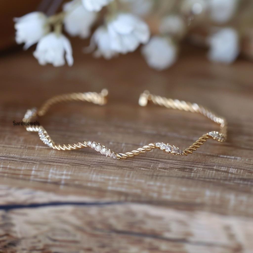 14k Gold Diamond Wavy Bangle: Zig Zag Cuff - Suren Jewels | SKU: SJB327-SLYGCZ-7I 14k Gold Diamond Wavy Bangle: Zig Zag Cuff - Suren Jewels | SKU: SJB327-SLYGCZ-7I