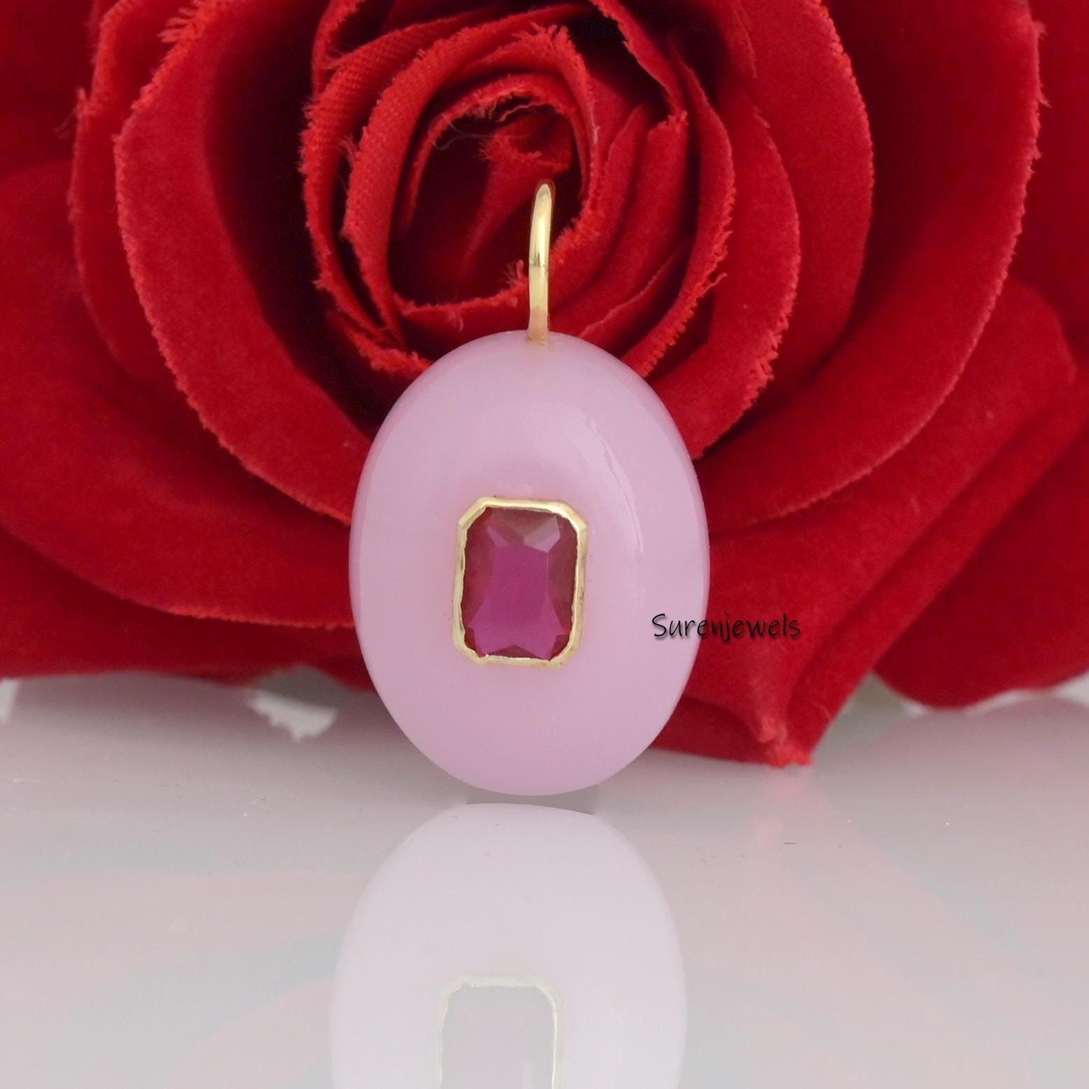 14k Gold Double Gemstone Oval Pendant: Suren Jewels - Suren Jewels | SKU: SJP3369 14k Gold Double Gemstone Oval Pendant: Suren Jewels - Suren Jewels | SKU: SJP3369