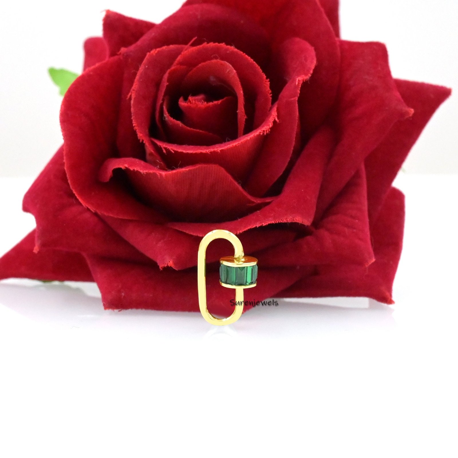 14K Gold Emerald Baguette Carabiner Lock: Necklace Jewelry - View 6 - Suren Jewels | SKU: SJC162-9KYGBTTEM-19M 14K Gold Emerald Baguette Carabiner Lock: Necklace Jewelry - View 6 - Suren Jewels | SKU: SJC162-9KYGBTTEM-19M