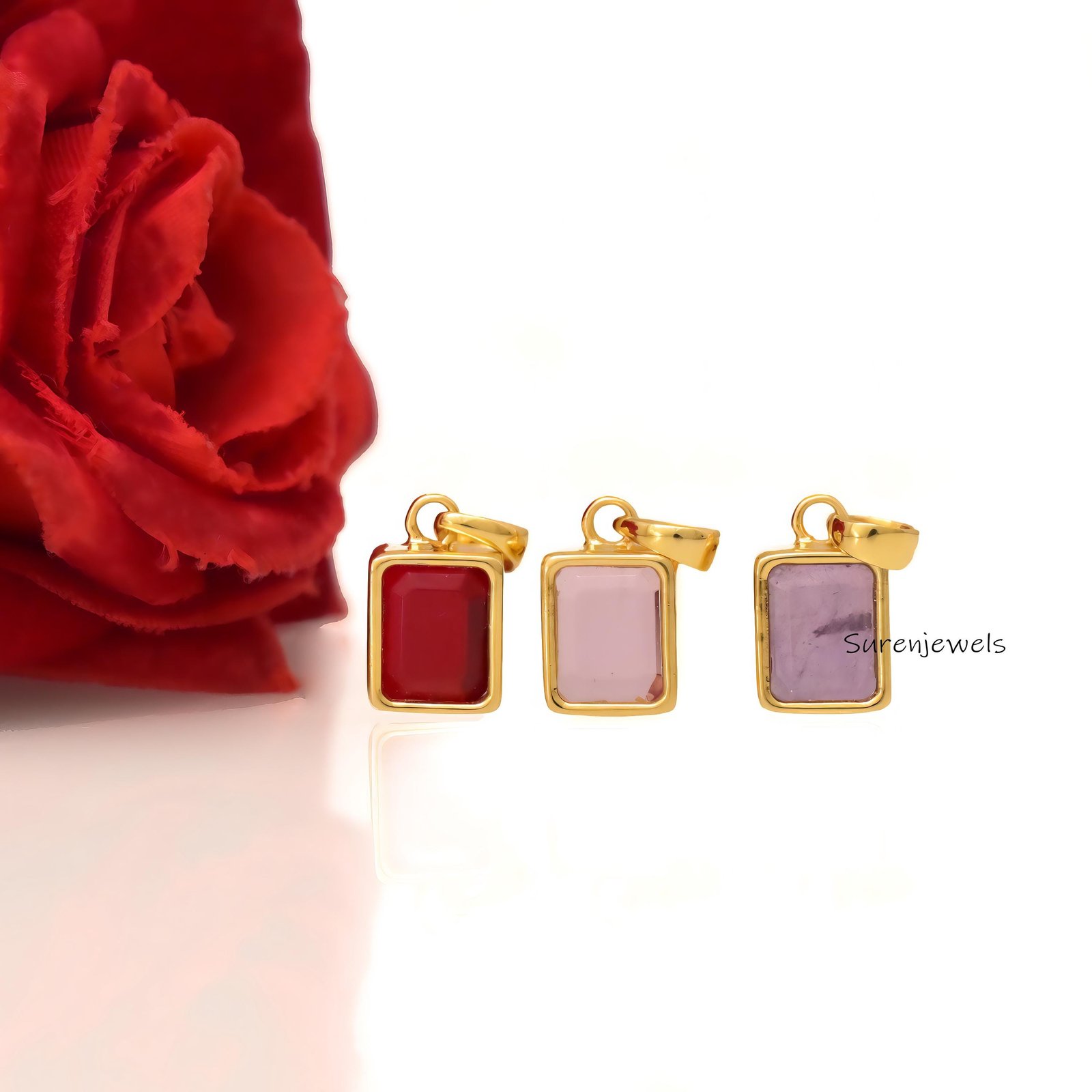14K Gold Emerald Cut Gemstone Pendant: Bezel Set Charm - Suren Jewels | SKU: sJP3800-14KYGPDEM-15M 14K Gold Emerald Cut Gemstone Pendant: Bezel Set Charm - Suren Jewels | SKU: sJP3800-14KYGPDEM-15M