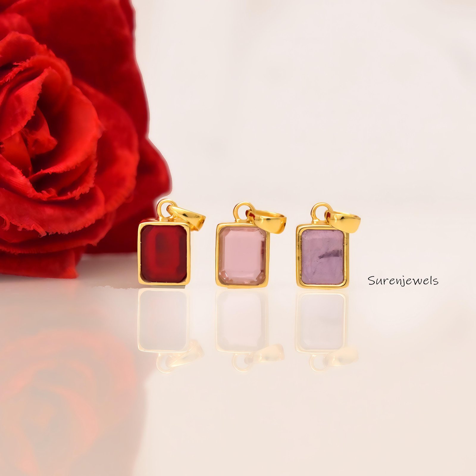 14K Gold Emerald Cut Gemstone Pendant: Bezel Set Charm - View 2 - Suren Jewels | SKU: sJP3800-14KYGPDEM-15M 14K Gold Emerald Cut Gemstone Pendant: Bezel Set Charm - View 2 - Suren Jewels | SKU: sJP3800-14KYGPDEM-15M