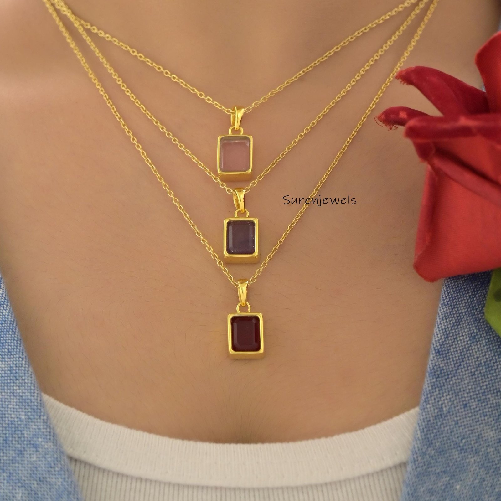 14K Gold Emerald Cut Gemstone Pendant: Bezel Set Charm - View 3 - Suren Jewels | SKU: sJP3800-14KYGPDEM-15M 14K Gold Emerald Cut Gemstone Pendant: Bezel Set Charm - View 3 - Suren Jewels | SKU: sJP3800-14KYGPDEM-15M