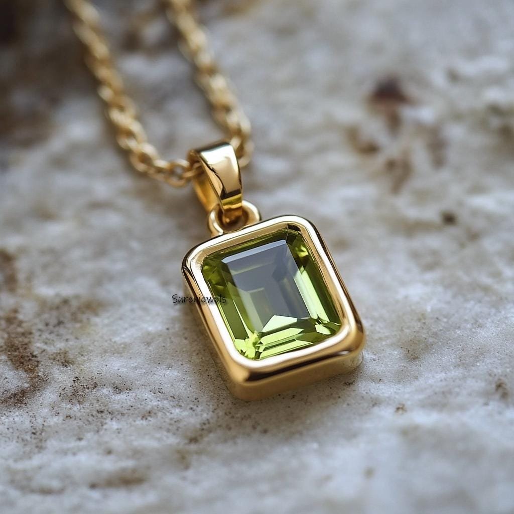 14K Gold Emerald Cut Gemstone Pendant: Bezel Set Charm - View 4 - Suren Jewels | SKU: sJP3800-14KYGPDEM-15M 14K Gold Emerald Cut Gemstone Pendant: Bezel Set Charm - View 4 - Suren Jewels | SKU: sJP3800-14KYGPDEM-15M