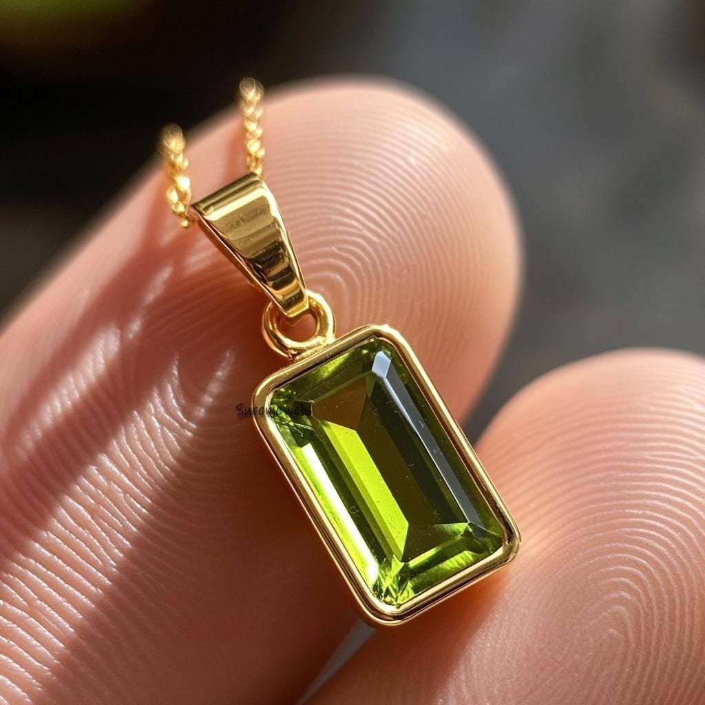 14K Gold Emerald Cut Gemstone Pendant: Bezel Set Charm - View 5 - Suren Jewels | SKU: sJP3800-14KYGPDEM-15M 14K Gold Emerald Cut Gemstone Pendant: Bezel Set Charm - View 5 - Suren Jewels | SKU: sJP3800-14KYGPDEM-15M
