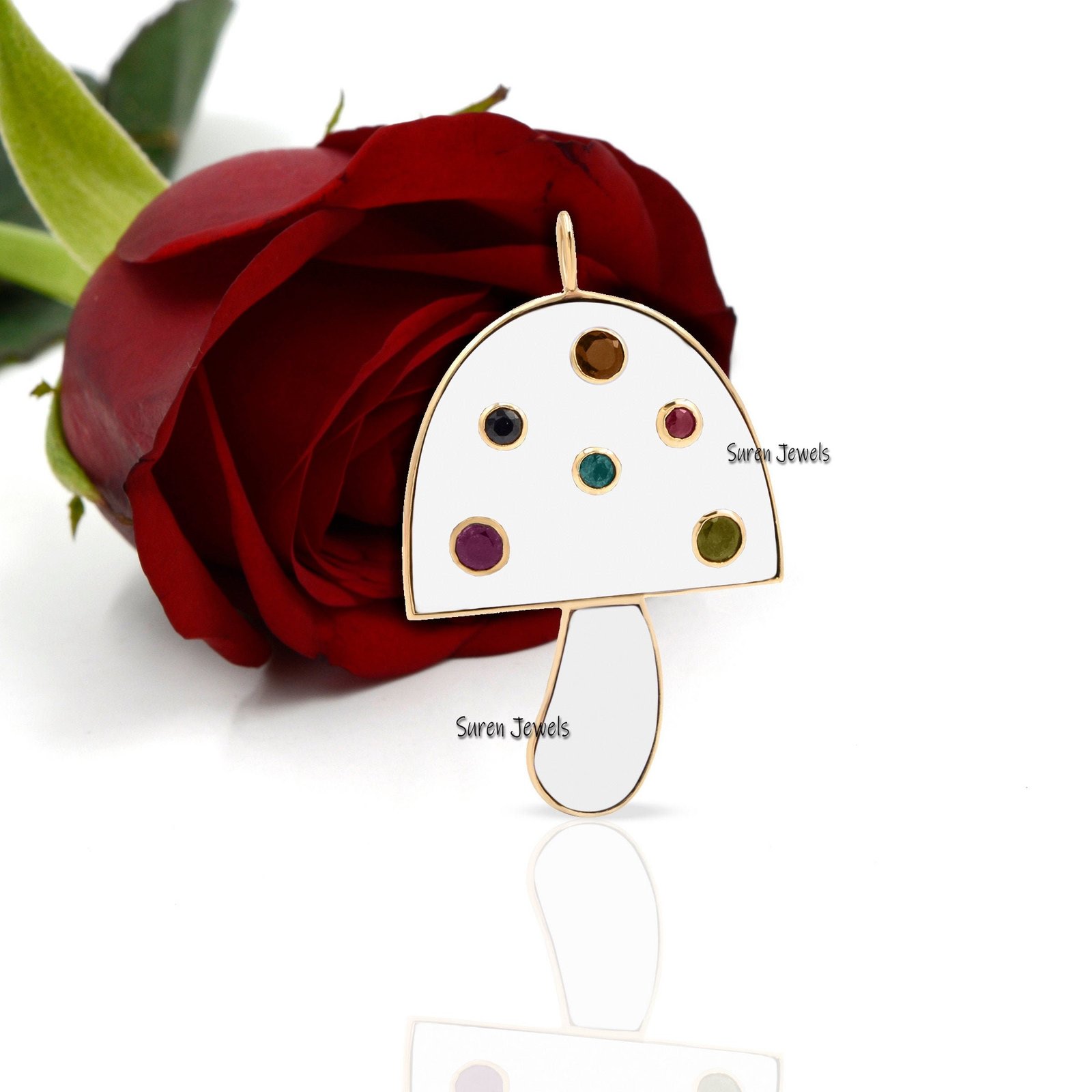 14k Gold Enamel Mushroom Pendant: Gemstone Charm (35x20 mm) - Suren Jewels | SKU: SJM30 14k Gold Enamel Mushroom Pendant: Gemstone Charm (35x20 mm) - Suren Jewels | SKU: SJM30