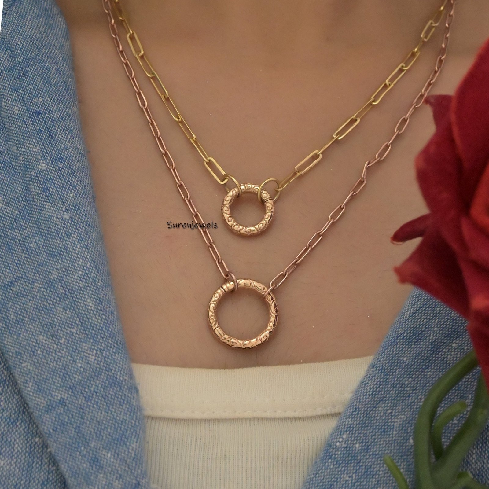 14k Gold Engraved Enhancer Lock: Multi Charm Holder - View 2 - Suren Jewels | SKU: SJP501- 14k Gold Engraved Enhancer Lock: Multi Charm Holder - View 2 - Suren Jewels | SKU: SJP501-